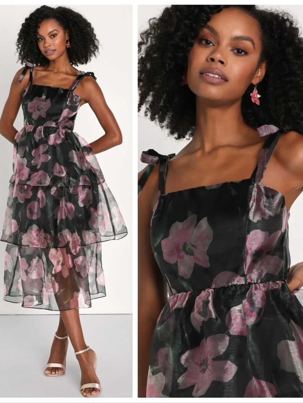 NWT Lulus Valiant Charmer Midi Dress Black Floral Women's Large Tiered Blooming